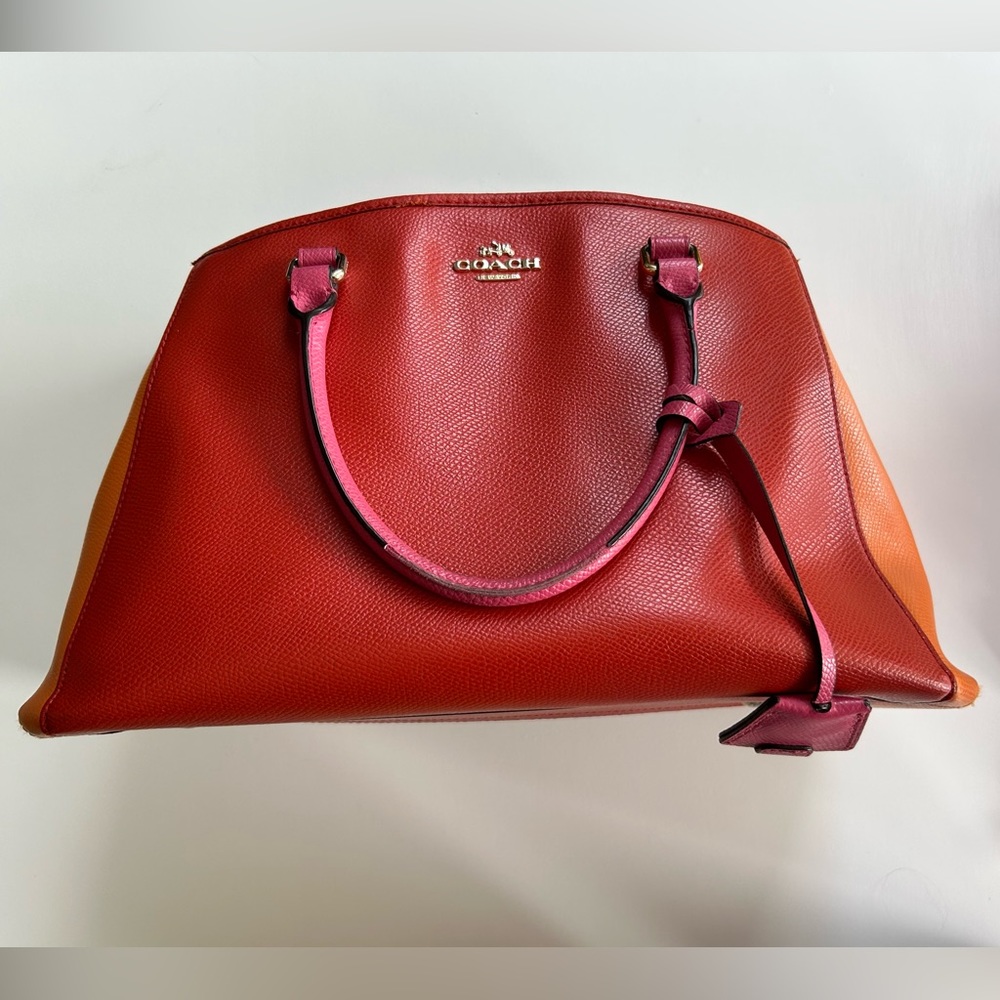 Coach pink and orange color block leather tote